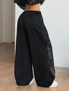 Coolane 女款秋冬萬聖節運動休閒街頭風龐克日常穿搭電音派對亮片圖案健身運動黑色寬腿長褲冬季長褲 - 黑色 - 查看 6
