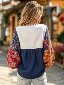 Selamara Women's Vacation Casual Boho Colorblock Patchwork Floral Print Shirt Vacation Dark Red Autumn - Multicolor - View 2