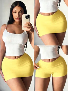 SHEIN SXY 女士黑色性感休闲迷你紧身裙（含打底裤） - 黃色 - 查看 6