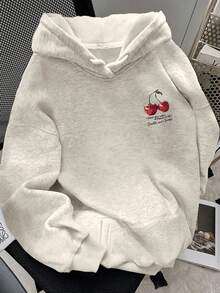SHEIN 女士标语樱桃印花长袖保暖休闲卫衣，秋冬款 - 淺灰色 - 查看 2