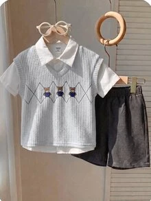 SHEIN 3件組小男孩休閒校園背心、短褲、條紋襯衫套裝，適合生日派對、晚會、表演、婚禮、學校、洗禮、1歲生日慶祝、嬰兒派對，春/夏/秋季 - 灰色 - 查看 1