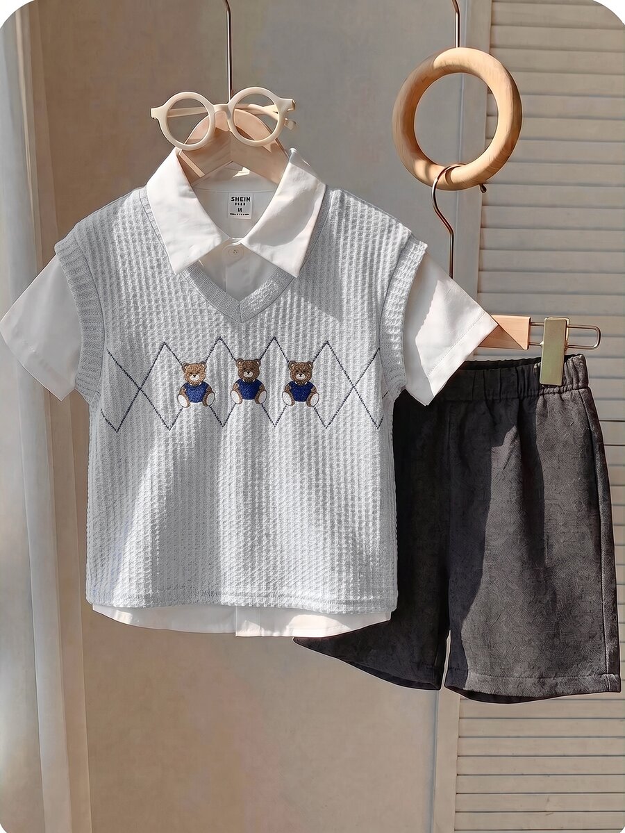 SHEIN 3件組小男孩休閒校園背心、短褲、條紋襯衫套裝，適合生日派對、晚會、表演、婚禮、學校、洗禮、1歲生日慶祝、嬰兒派對，春/夏/秋季 - 灰色 - 查看 1