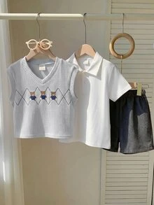 SHEIN 3件組小男孩休閒校園背心、短褲、條紋襯衫套裝，適合生日派對、晚會、表演、婚禮、學校、洗禮、1歲生日慶祝、嬰兒派對，春/夏/秋季 - 灰色 - 查看 4