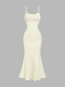 Sweetra Women's Elegant High-End Fashion Flowy Ethereal Semi-Sheer Cover-Up Top Paired With Pale Yellow Spaghetti Strap Dress - Apricot - View 6