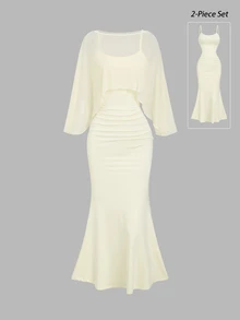 Sweetra Women's Elegant High-End Fashion Flowy Ethereal Semi-Sheer Cover-Up Top Paired With Pale Yellow Spaghetti Strap Dress - Apricot - View 1