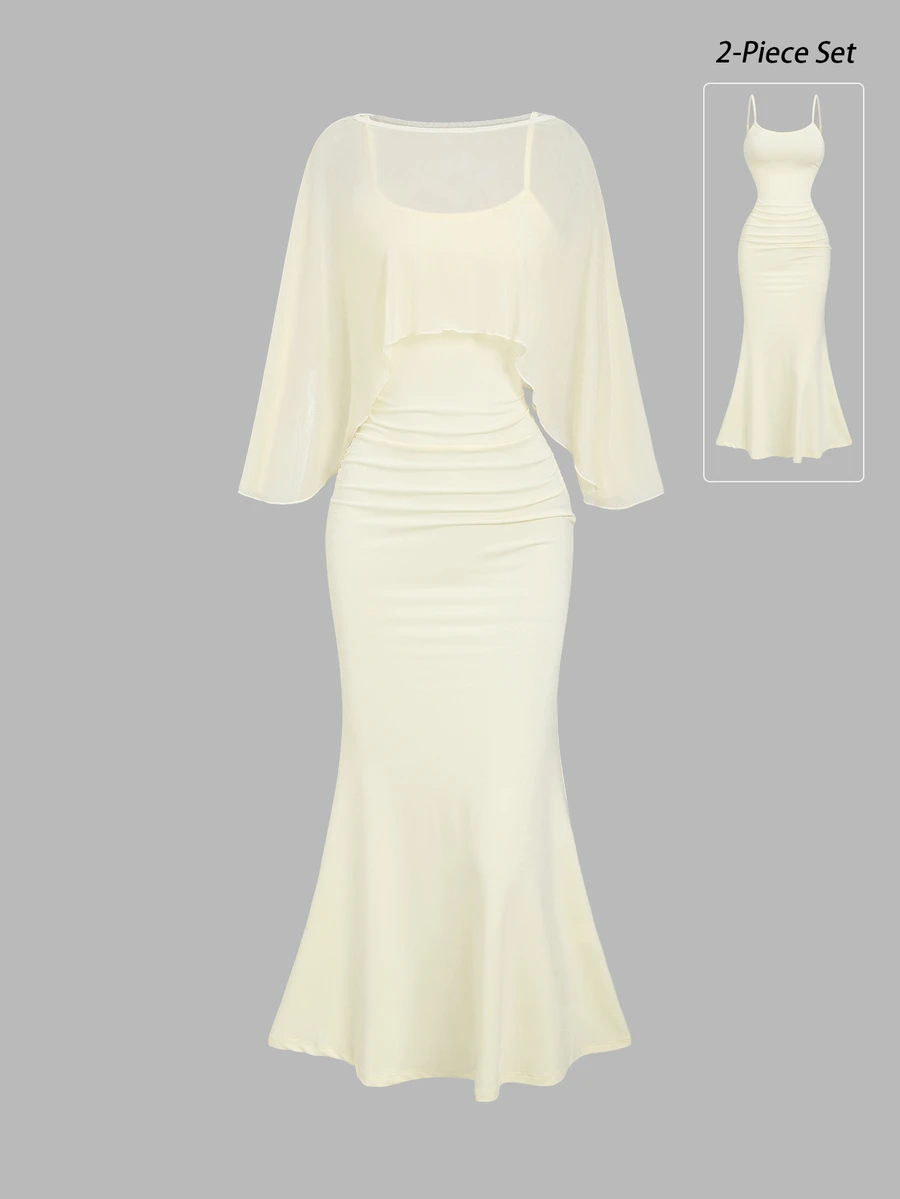 Sweetra Women's Elegant High-End Fashion Flowy Ethereal Semi-Sheer Cover-Up Top Paired With Pale Yellow Spaghetti Strap Dress - Apricot - View 1