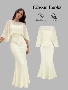 Sweetra Women's Elegant High-End Fashion Flowy Ethereal Semi-Sheer Cover-Up Top Paired With Pale Yellow Spaghetti Strap Dress - Apricot - View 3