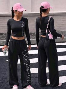 SHEIN 2Pcs/Set Tween Girls Casual Letter Patch Fitted Short Sleeve T-Shirt & Straight Leg Sweatpants Set - Black - View 4
