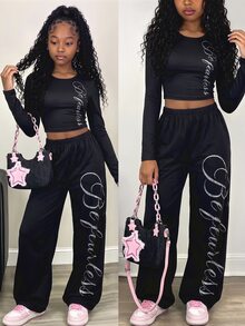 SHEIN 2Pcs/Set Tween Girls Casual Letter Patch Fitted Short Sleeve T-Shirt & Straight Leg Sweatpants Set - Black - View 1