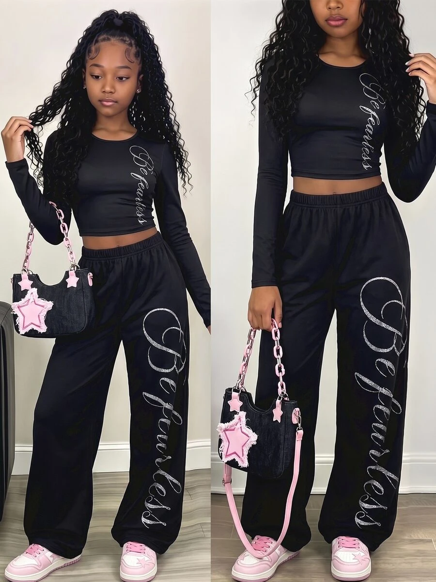 SHEIN 2Pcs/Set Tween Girls Casual Letter Patch Fitted Short Sleeve T-Shirt & Straight Leg Sweatpants Set - Black - View 1