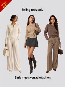 SHEIN BASICS 女款羅紋時尚法式休閒鈕扣長袖針織開襟衫 早午餐穿搭 卡其色 秋季 - 卡其色 - 查看 6