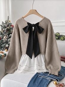 SHEIN Clasi Plus Size Women's Colorblock Pleated Romantic Elegant Long Sleeve Sweater Christmas Wedding Guest Date Night Evening Grey Fall Winter - Khaki - View 1
