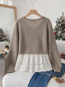 SHEIN Clasi Plus Size Women's Colorblock Pleated Romantic Elegant Long Sleeve Sweater Christmas Wedding Guest Date Night Evening Grey Fall Winter - Khaki - View 2
