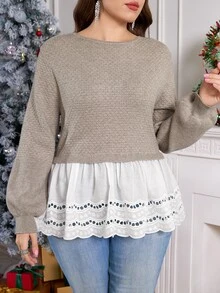 SHEIN Clasi Plus Size Women's Colorblock Pleated Romantic Elegant Long Sleeve Sweater Christmas Wedding Guest Date Night Evening Grey Fall Winter - Khaki - View 5