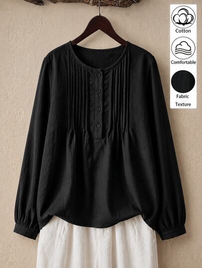 Linhara Plus Size Casual Striped Detail Crew Neck Long Sleeve Pure Cotton Black Shirt
