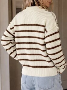 LUMIGAL Women's Casual Retro Commute Brunch Blue White Stripe Polo Collar Half-Button Contrast Stitch Dropped Shoulder Loose Fit Sweater Fall - Multicolor - View 2