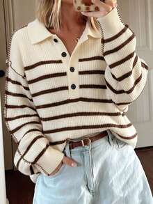 LUMIGAL Women's Casual Retro Commute Brunch Blue White Stripe Polo Collar Half-Button Contrast Stitch Dropped Shoulder Loose Fit Sweater Fall - Multicolor - View 3