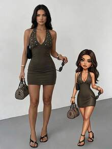 Firerie Women's Brown Rivet Backless Mini Dress, Sexy Deep V-Neck, Vacation Music Festival Outfit, Spring Summer Autumn Clothing Party Club Night Out - Dark Grey - View 4