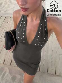 Firerie Women's Brown Rivet Backless Mini Dress, Sexy Deep V-Neck, Vacation Music Festival Outfit, Spring Summer Autumn Clothing Party Club Night Out - Dark Grey - View 5