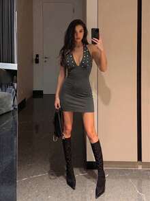 Firerie Women's Brown Rivet Backless Mini Dress, Sexy Deep V-Neck, Vacation Music Festival Outfit, Spring Summer Autumn Clothing Party Club Night Out - Dark Grey - View 7