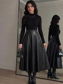 SHEIN تنورة طويلة الأكمام من البولي يوريثان للفتيات المراهقات، أنيقة للتنقل في الخريف/الشتاء - الأسود - مشاهدة 1