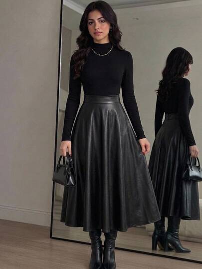 SHEIN Teen Girls Long Sleeve PU Skirt, Elegant Commute Autumn/Winter