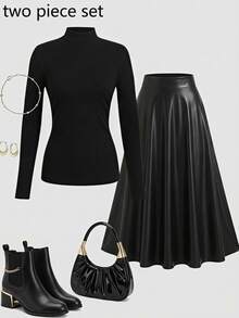 SHEIN تنورة طويلة الأكمام من البولي يوريثان للفتيات المراهقات، أنيقة للتنقل في الخريف/الشتاء - الأسود - مشاهدة 5