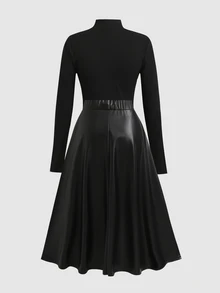 SHEIN تنورة طويلة الأكمام من البولي يوريثان للفتيات المراهقات، أنيقة للتنقل في الخريف/الشتاء - الأسود - مشاهدة 4