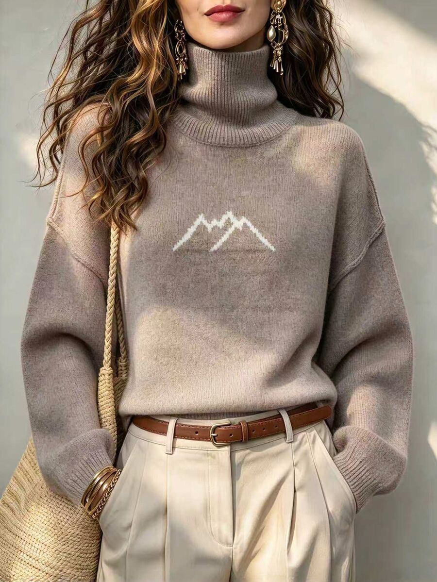 LUMIGAL Women's Casual Graphic Everyday Commute Versatile Oversized High Neck Sweater With Large Letter, Dropped Shoulder, Wide Sleeve, Ribbed Hem Grey Autumn - Multicolor - View 1