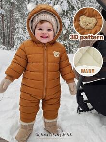 Cozy Pixies Baby Boy Cartoon Bear Patch Fleece Hooded Long Sleeve Plush 3D Ears Padded Jumpsuit, Versatile And Comfortable For Winter - Khaki - View 9