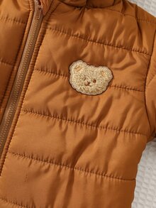 Cozy Pixies Baby Boy Cartoon Bear Patch Fleece Hooded Long Sleeve Plush 3D Ears Padded Jumpsuit, Versatile And Comfortable For Winter - Khaki - View 6