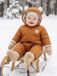Cozy Pixies Baby Boy Cartoon Bear Patch Fleece Hooded Long Sleeve Plush 3D Ears Padded Jumpsuit, Versatile And Comfortable For Winter - Khaki - View 13