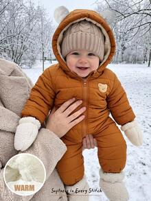 Cozy Pixies Baby Boy Cartoon Bear Patch Fleece Hooded Long Sleeve Plush 3D Ears Padded Jumpsuit, Versatile And Comfortable For Winter - Khaki - View 1