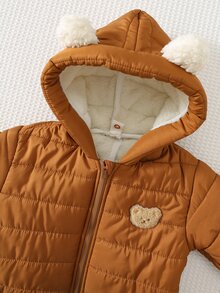 Cozy Pixies Baby Boy Cartoon Bear Patch Fleece Hooded Long Sleeve Plush 3D Ears Padded Jumpsuit, Versatile And Comfortable For Winter - Khaki - View 5