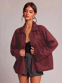 SHEIN BAE 女款秋冬日常通勤百搭紋理翻領金屬拉鍊彈性繩收腰長袖夾克外套 - 酒紅色 - 查看 2