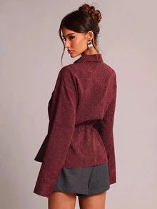 SHEIN BAE 女款秋冬日常通勤百搭紋理翻領金屬拉鍊彈性繩收腰長袖夾克外套 - 酒紅色 - 查看 6