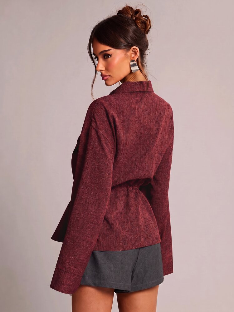 SHEIN BAE Women's Autumn/Winter Daily Commute Versatile Textured Lapel Metal Zipper Elastic Rope Waist Long Sleeve Jacket Coat - Burgundy - View 6