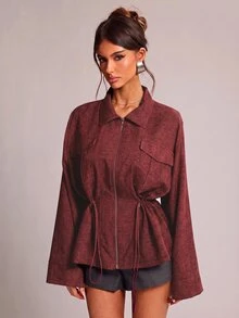 SHEIN BAE 女款秋冬日常通勤百搭紋理翻領金屬拉鍊彈性繩收腰長袖夾克外套 - 酒紅色 - 查看 3