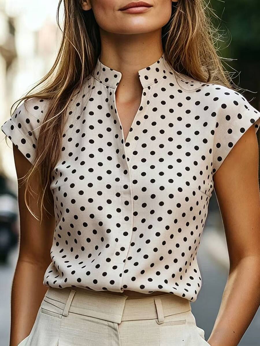 SHEIN Women's Polka Dot Pattern Cutout V-Neck Cap Sleeve Casual Shirt - Black - View 1
