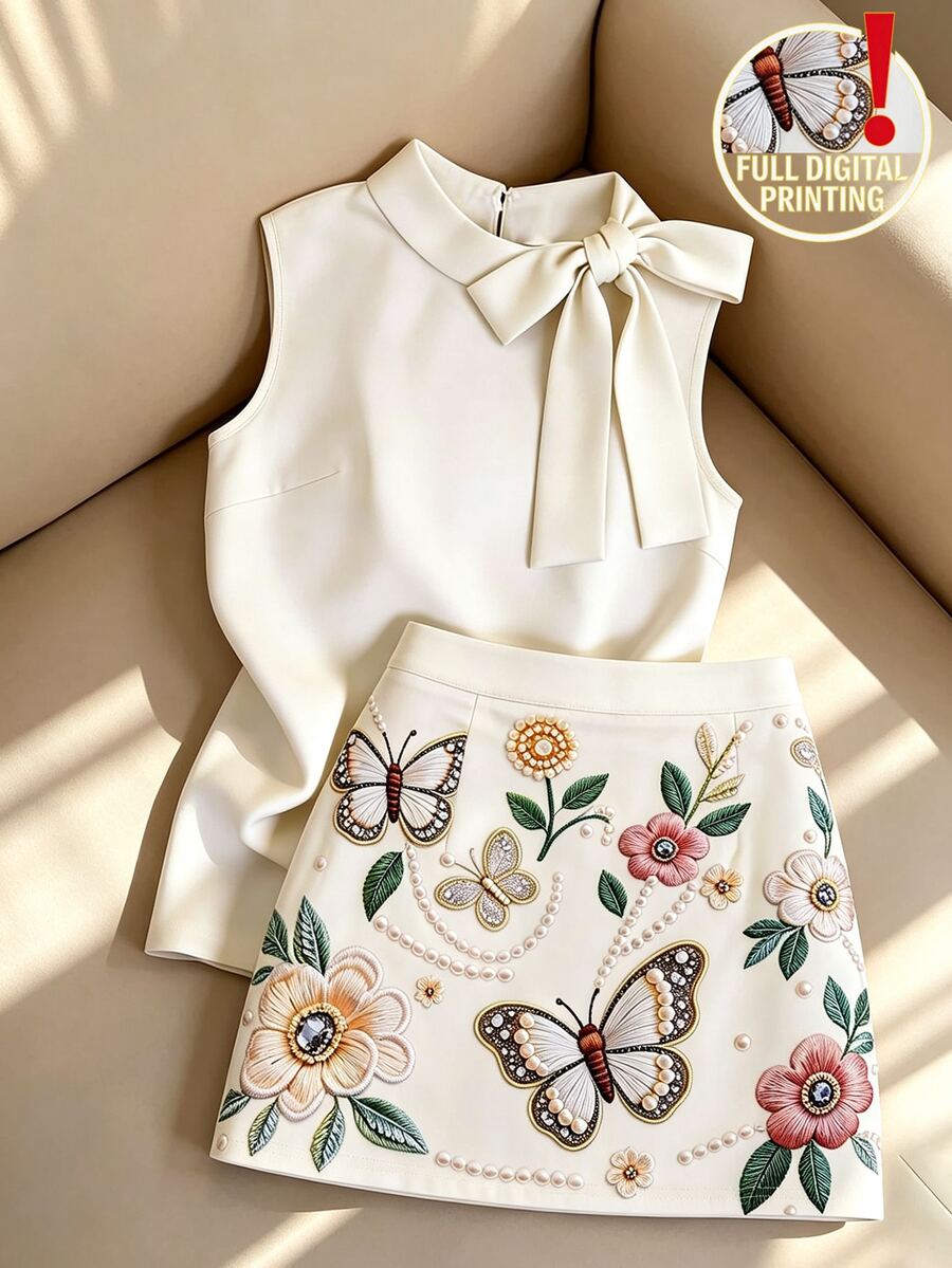 SHEIN Franclia 【印花設計】女款夏季米色優雅綁帶無袖上衣與蝴蝶花卉印花A字迷你裙套裝，溫柔風格，清新百搭，適合日常通勤、約會、旅行 - 彩色 - 查看 1