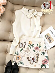 SHEIN Franclia 【印花設計】女款夏季米色優雅綁帶無袖上衣與蝴蝶花卉印花A字迷你裙套裝，溫柔風格，清新百搭，適合日常通勤、約會、旅行 - 彩色 - 查看 6