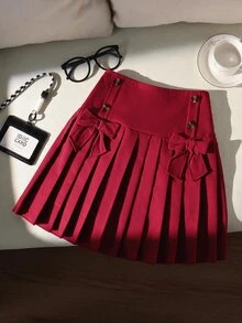 SHEIN 1件少女學院風百褶迷你裙，秋季服飾，海軍藍蝴蝶結雙排扣高腰裙，適合上學、日常穿著與外出 - 酒紅色 - 查看 7
