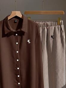 Comfortcana Brown Shirt And Brown Striped Embroidered Trousers Casual Autumn/Winter Two Pieces Set - Brown - View 4