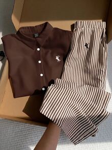 Comfortcana Brown Shirt And Brown Striped Embroidered Trousers Casual Autumn/Winter Two Pieces Set - Brown - View 9