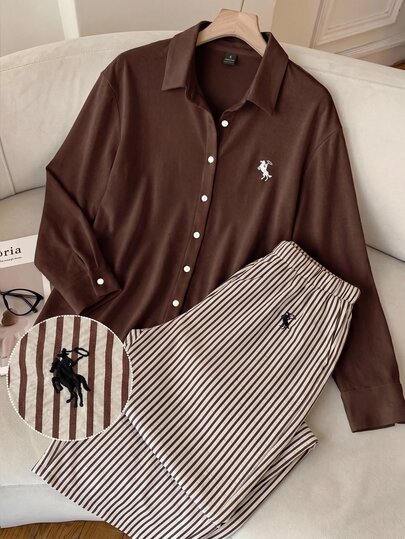 Comfortcana Brown Shirt And Brown Striped Embroidered Trousers Casual Autumn/Winter Two Pieces Set