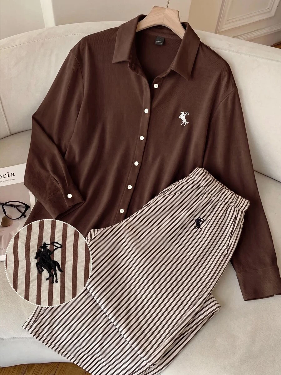 Comfortcana Brown Shirt And Brown Striped Embroidered Trousers Casual Autumn/Winter Two Pieces Set - Brown - View 1