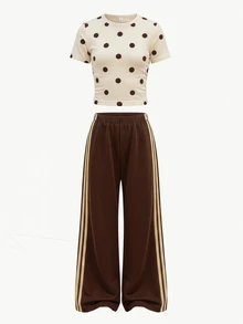 SHEIN Serisse Kids Yellow Polka Dot Short T-Shirt And Brown Wide Leg Sweatpants Set, Suitable For Young Girls Summer Vacation Outfit - Yellow - View 2