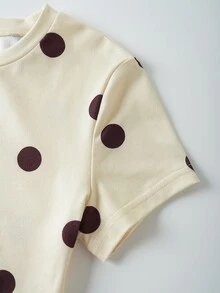 SHEIN Serisse Kids Yellow Polka Dot Short T-Shirt And Brown Wide Leg Sweatpants Set, Suitable For Young Girls Summer Vacation Outfit - Yellow - View 5