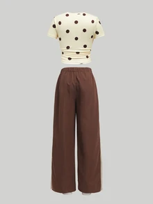 SHEIN Serisse Kids Yellow Polka Dot Short T-Shirt And Brown Wide Leg Sweatpants Set, Suitable For Young Girls Summer Vacation Outfit - Yellow - View 3