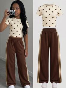 SHEIN Serisse Kids Yellow Polka Dot Short T-Shirt And Brown Wide Leg Sweatpants Set, Suitable For Young Girls Summer Vacation Outfit - Yellow - View 11